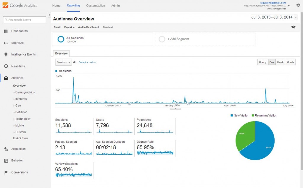 Skjámynd úr Google Analytics um umferð á funksjon.net