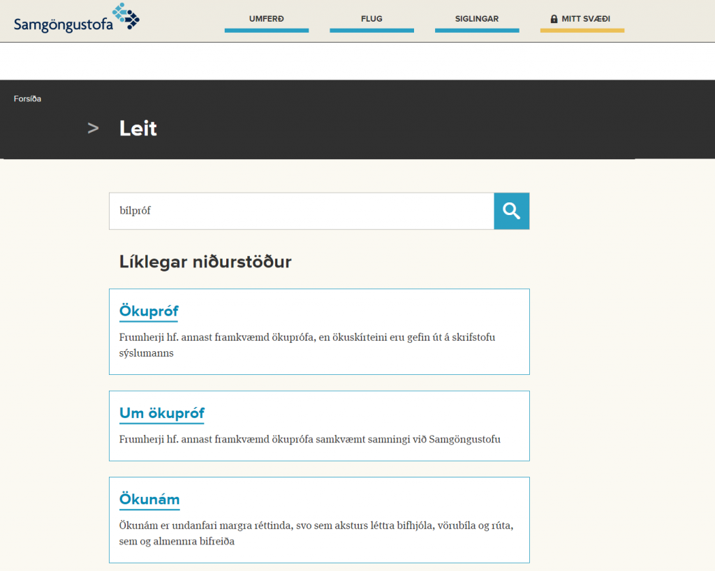 Leit á vef Samgöngustofu tekur tillit til mismunandi orðanotkunar